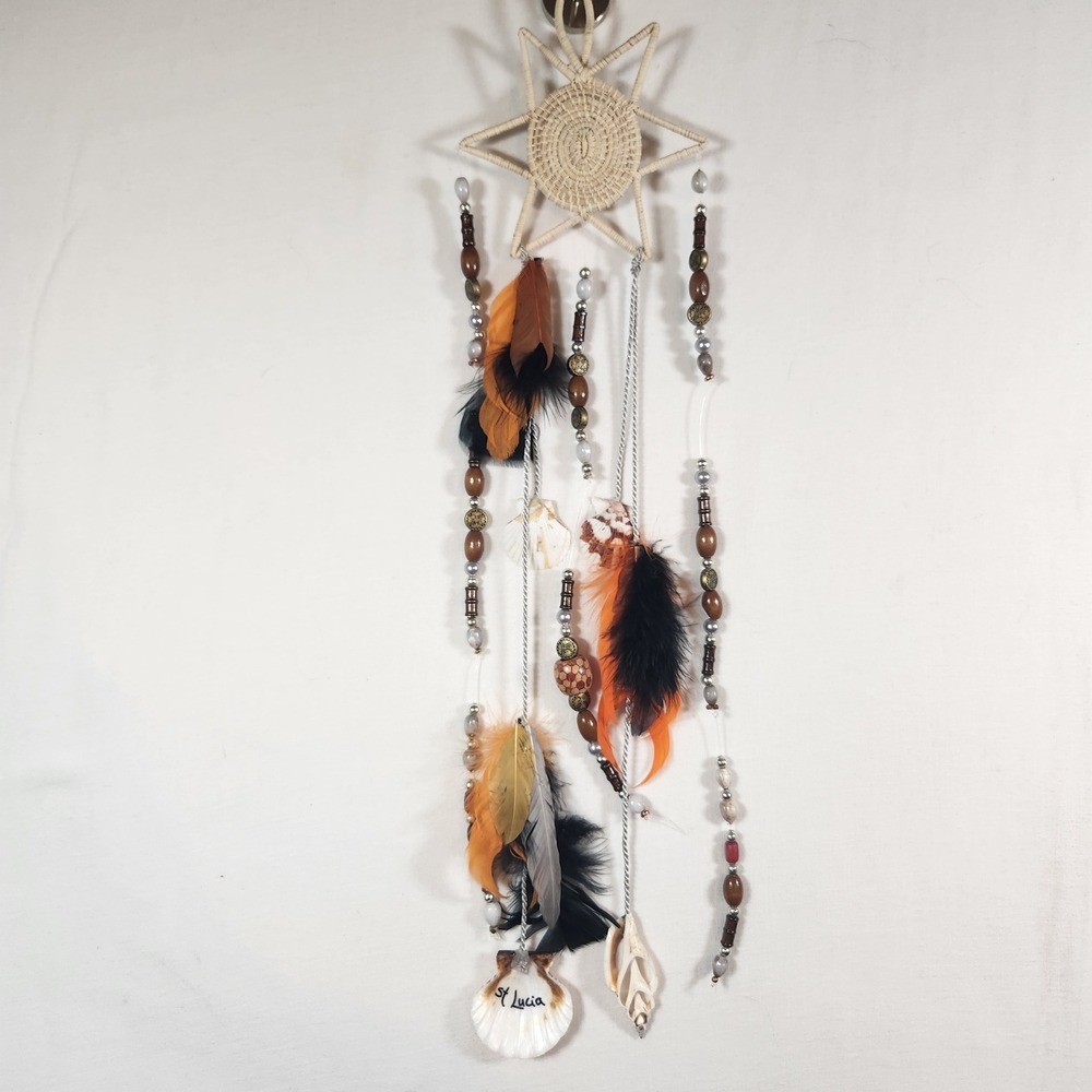 St Lucia Dreamcatcher Star Woven Straw Feathers Shells Beads Boho Decor